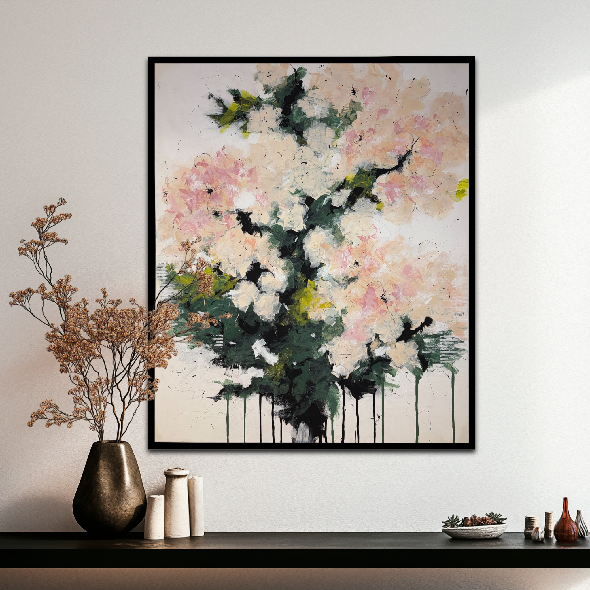 Painting placed above furniture in a room